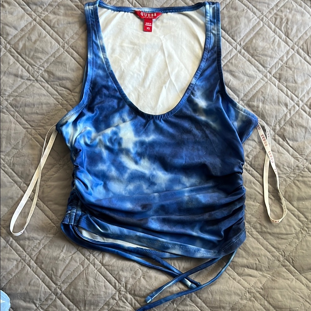 GUESS Blue Asymmetrical Ruched Tank Top